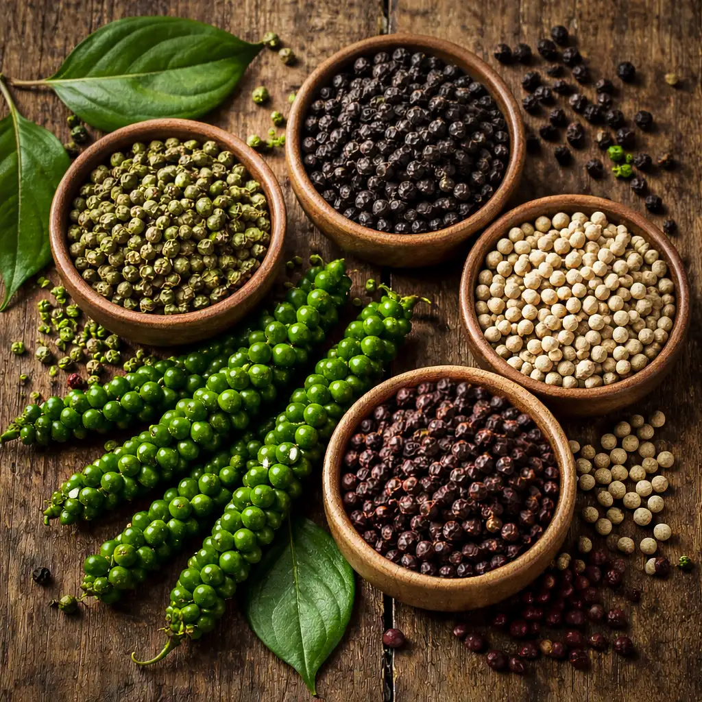 les couleurs du poivre, vert, noir, rouge, blanc.